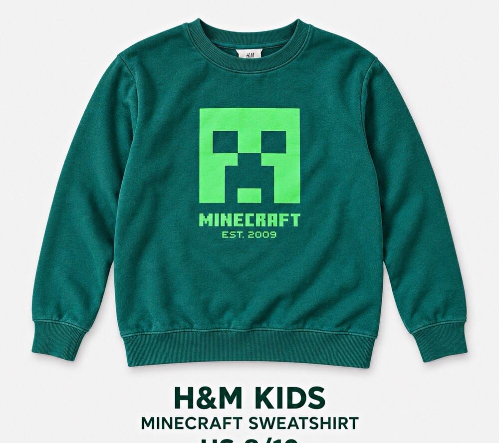 H&M Kids Minecraft Creeper Green Graphic Logo Fleece Pullover Sweatshirt 8-10